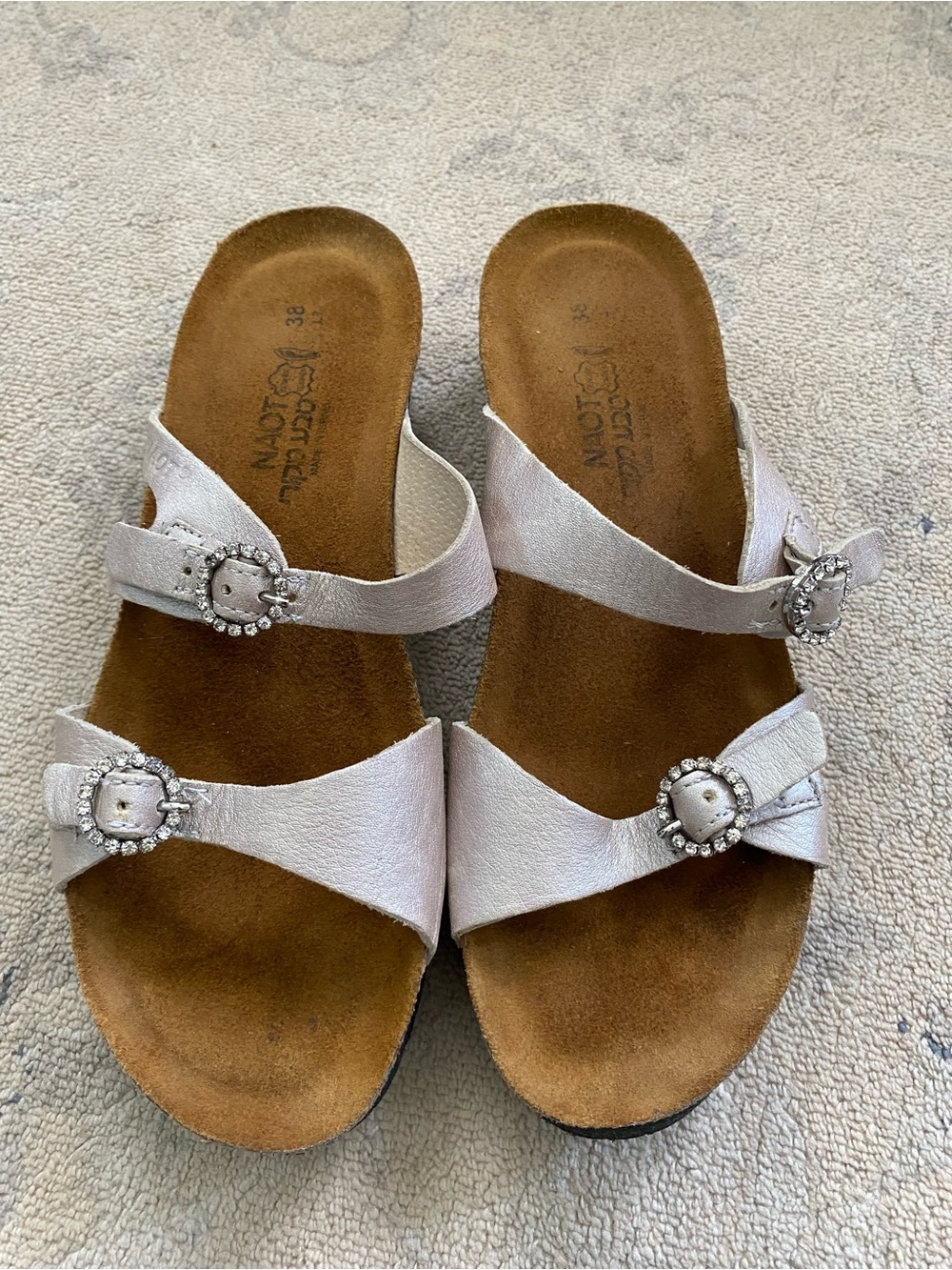 Naot Kate Sandal Metallic Leather Rhinestone Buckle Double Strap 7 38 Pearl Rose